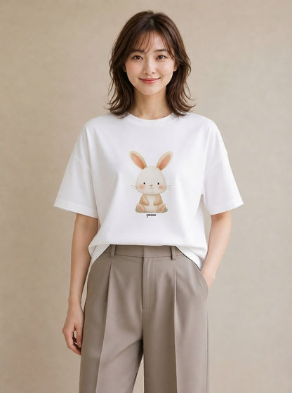 半袖Tシャツ レディース うさぎ ウサギ ラビット ペット 動物 イラスト 上品 女子会 お揃い 白T