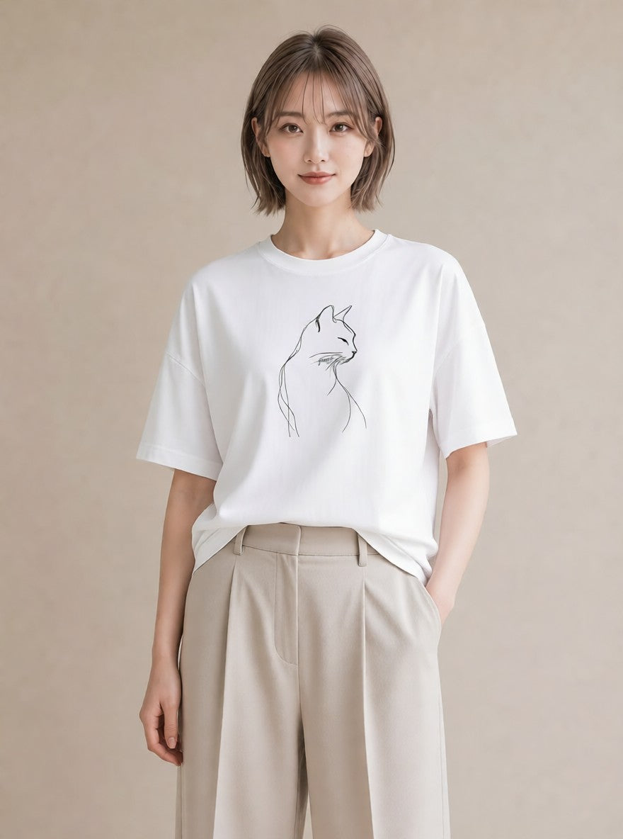 半袖Tシャツ レディース 猫 ねこ ネコ イラスト 淡色 社会人 女性 白T
