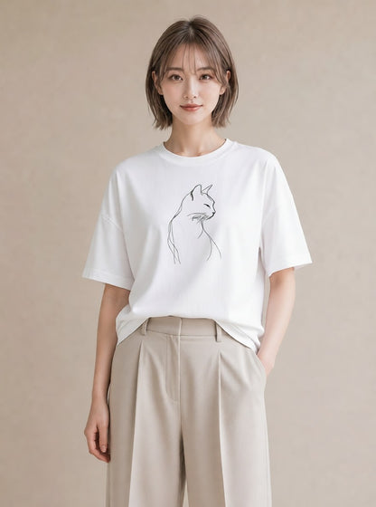 半袖Tシャツ レディース 猫 ねこ ネコ イラスト 淡色 社会人 女性 白T