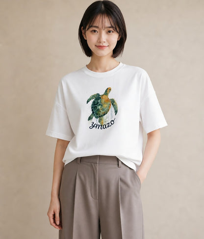 デザインTシャツ レディース カメ ペット 動物 イラスト 綿100 デート 白T