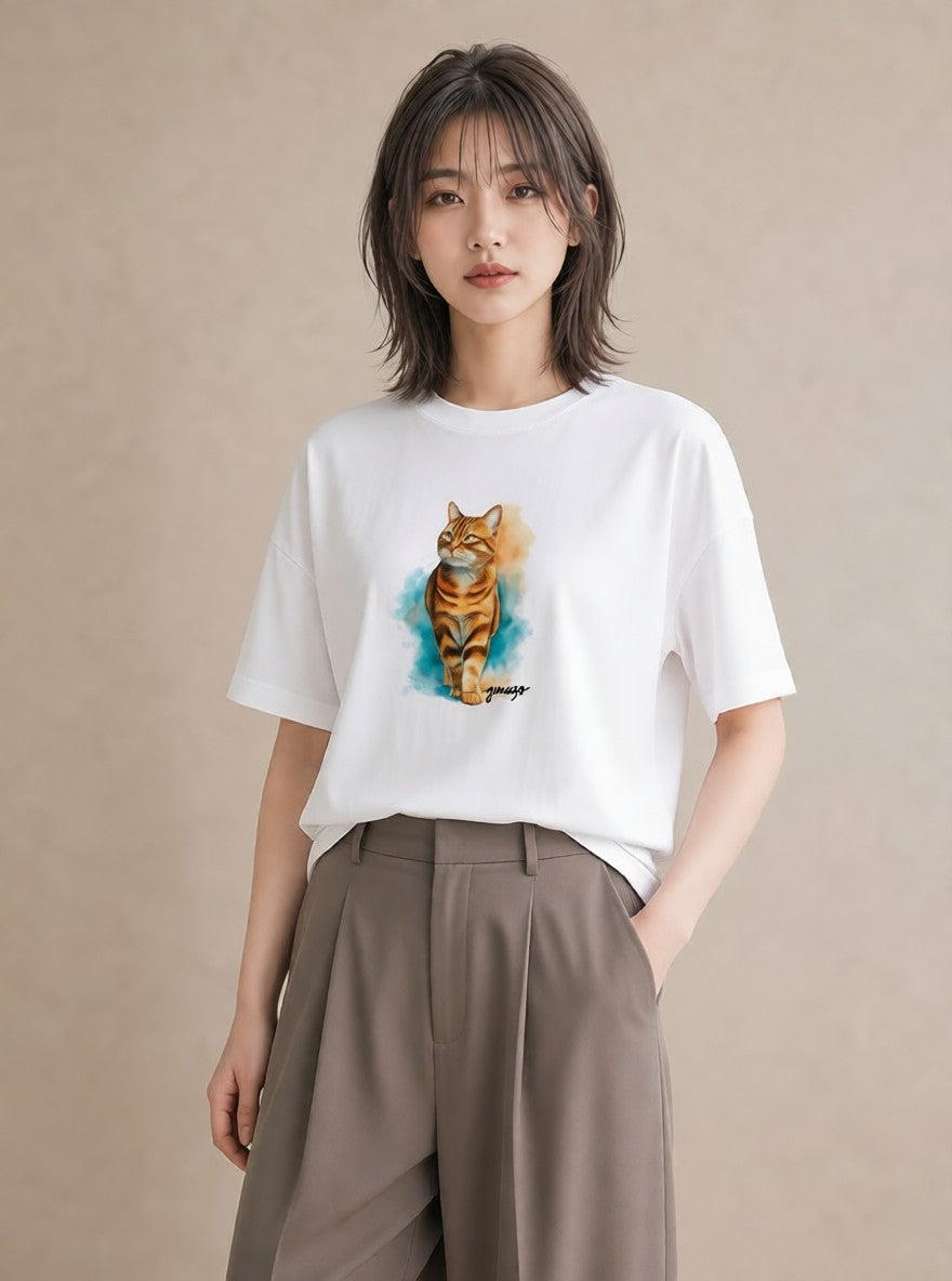 プリントTシャツ レディース メインクーン 猫 ねこ イラスト ゆるかわ 帰省 ラフ 白T