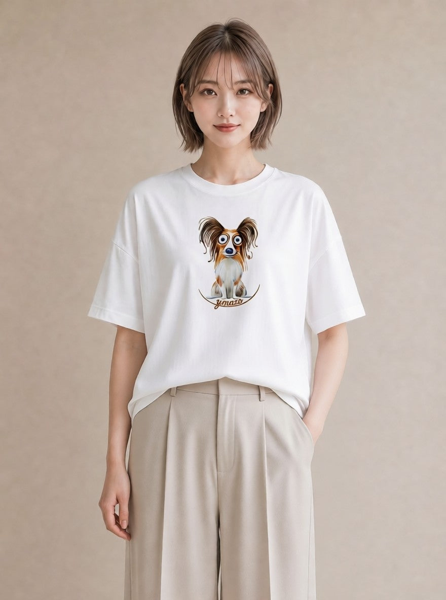 半袖Tシャツ レディース パピヨン 犬 いぬ イラスト ゆるコーデ 通勤 在宅 白T