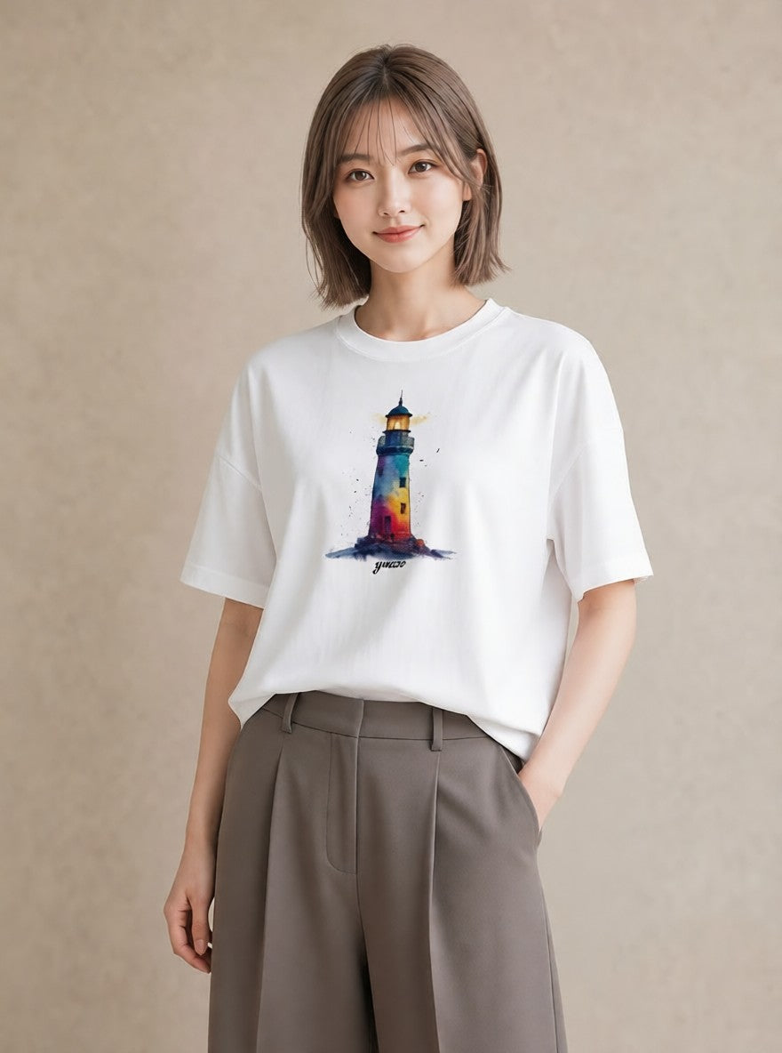 グラフィックTシャツ レディース 灯台 霧 海 ナチュラル アンティーク イラスト モード 秋コーデ おしゃれギフト 白T