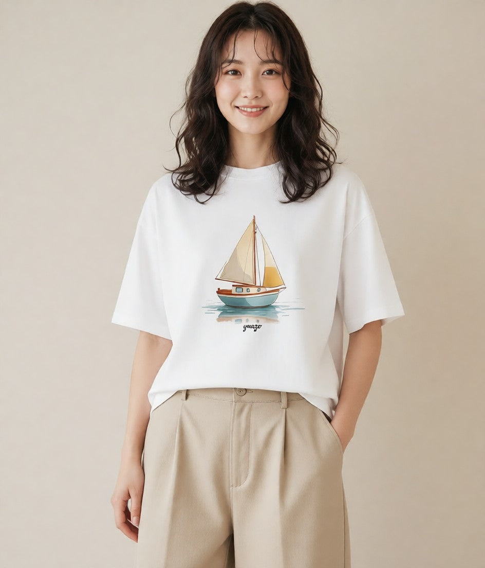 デザインTシャツ レディース 紙の船 水辺 ナチュラル アンティーク イラスト アート風 クリスマス 旅行 白T