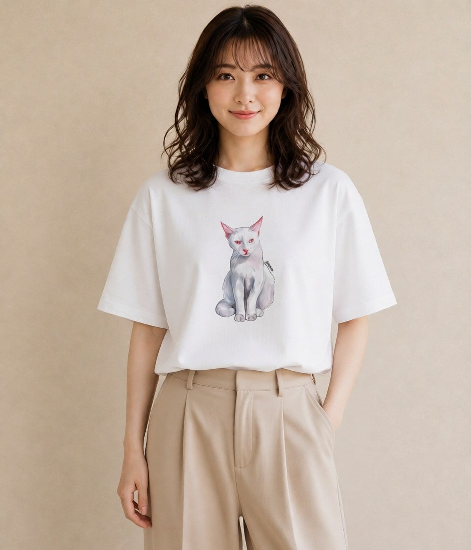 デザインTシャツ レディース 猫 ねこ イラスト ゆるかわ ペアコーデ 秋コーデ 白T