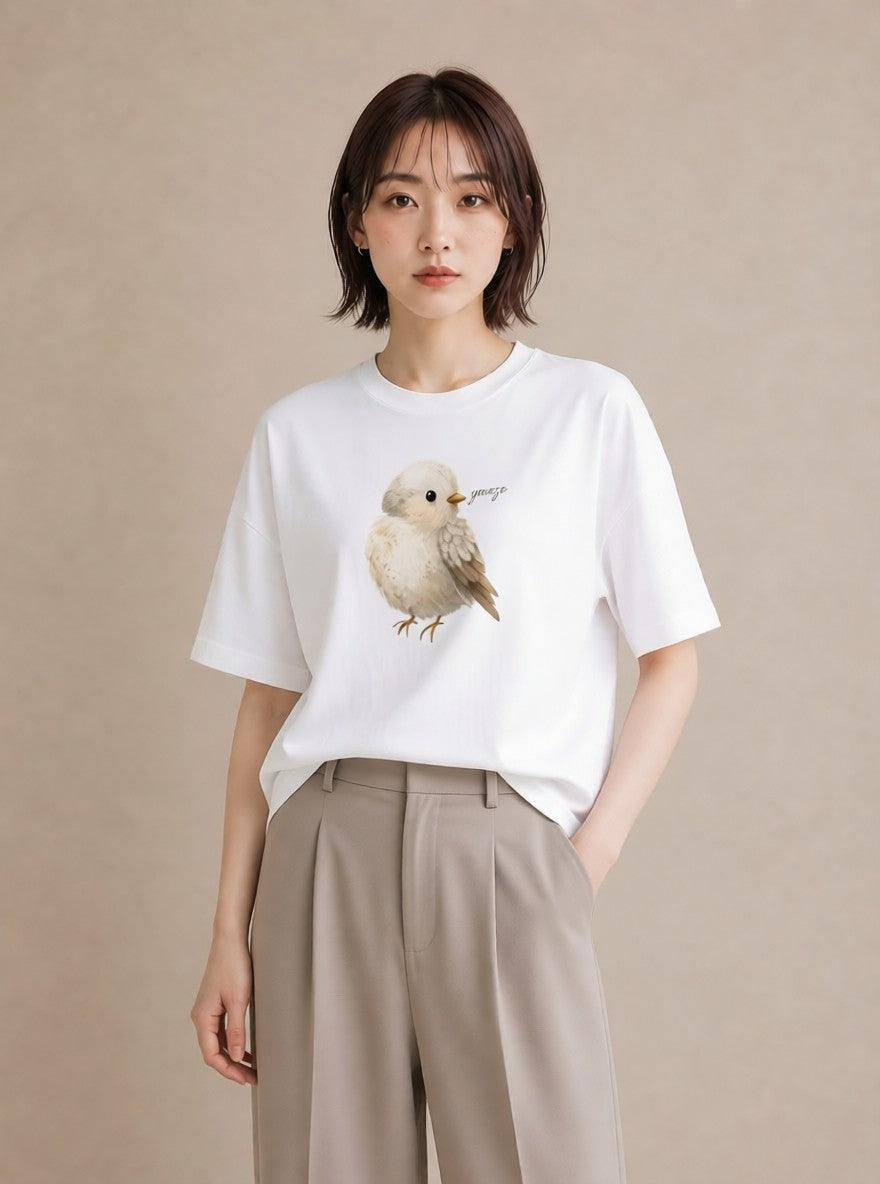 デザインTシャツ レディース 遠い家と鳥 風景 鳥 ナチュラル アンティーク イラスト 線画 母の日 ビーチ 白T