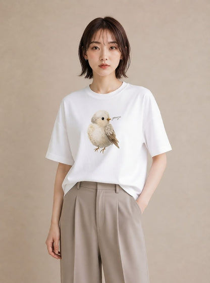 デザインTシャツ レディース 遠い家と鳥 風景 鳥 ナチュラル アンティーク イラスト 線画 母の日 ビーチ 白T