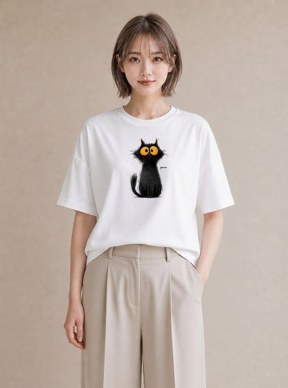 Tシャツ レディース 黒猫 猫 ねこ イラスト フェミニン 散歩 お出かけ 白T