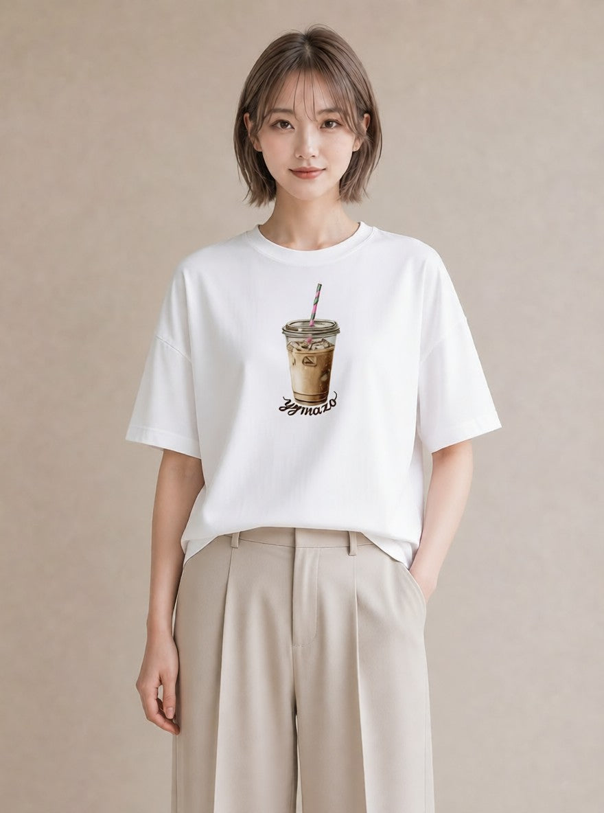 Tシャツ レディース カフェラテ 食べ物 フード イラスト 水彩風 母娘コーデ 自分用 白T