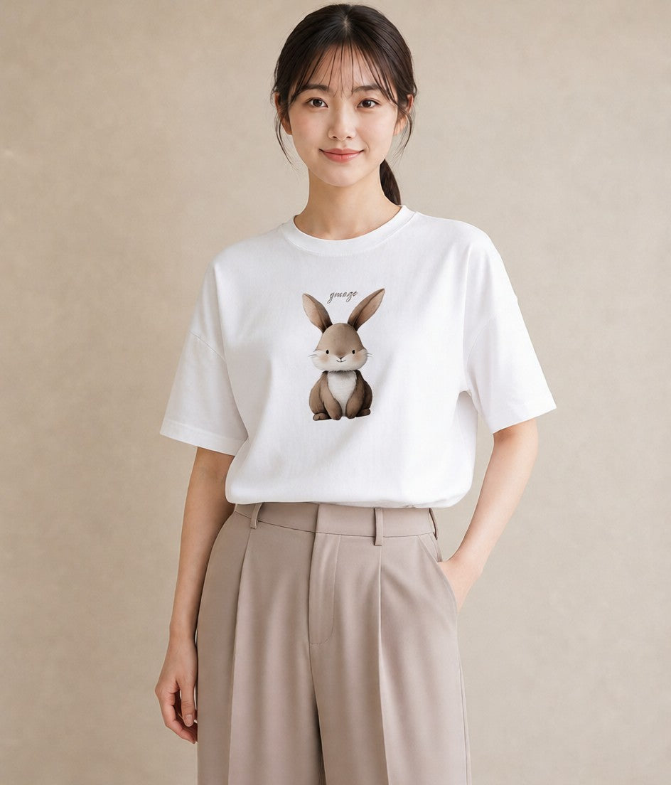Tシャツ レディース ライオンラビット ペット 動物 イラスト ボタニカル 自分用 ルームウェア 白T