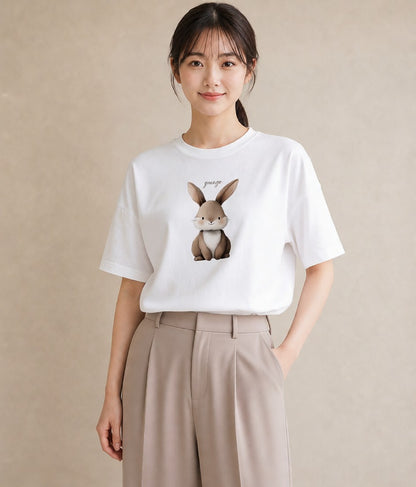 Tシャツ レディース ライオンラビット ペット 動物 イラスト ボタニカル 自分用 ルームウェア 白T