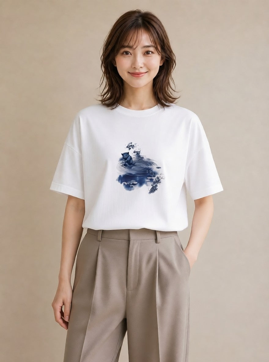デザインTシャツ レディース 雨上がりの小道 雨上がり 小道 ナチュラル アンティーク イラスト 水彩風 カフェ服 クリスマス 白T