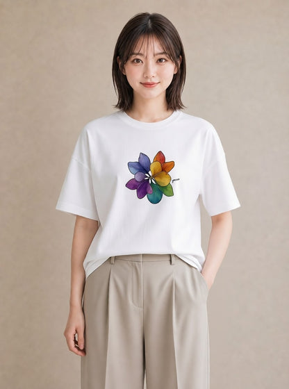 半袖Tシャツ レディース 扇子 そよ風 ナチュラル アンティーク イラスト ニュアンス 在宅 公園 白T
