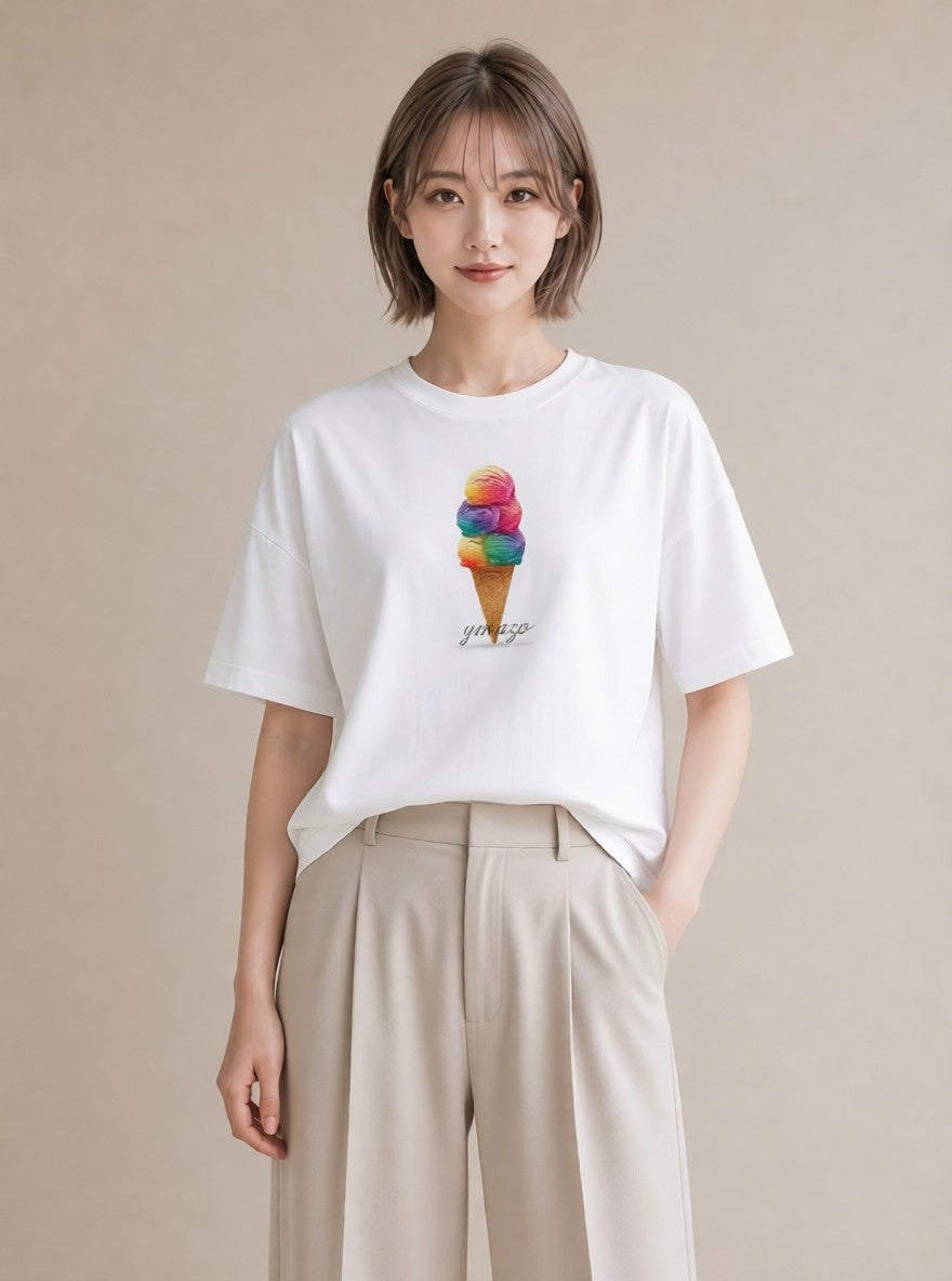 グラフィックTシャツ レディース ソフトクリーム 食べ物 フード イラスト 線画 普段着 週末コーデ 白T