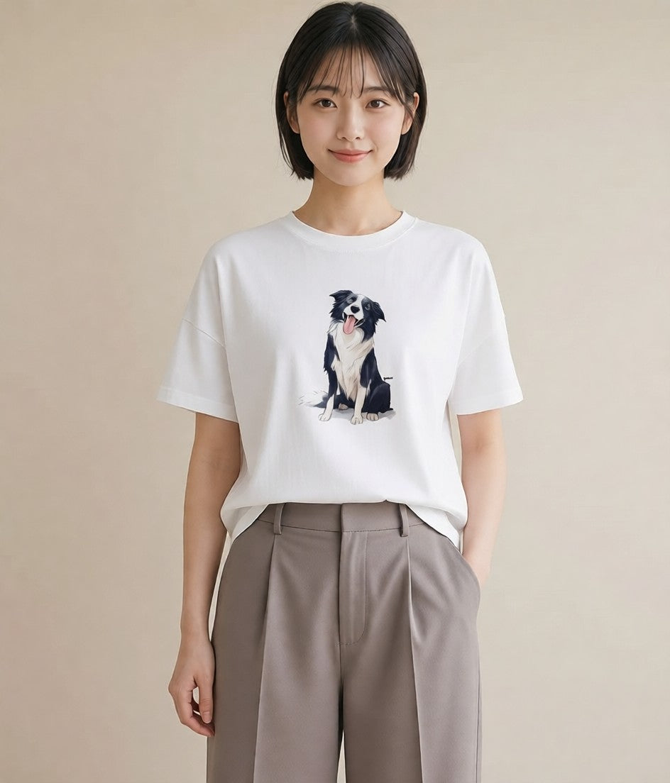 プリントTシャツ レディース ボーダーコリー 犬 いぬ イラスト ヴィンテージ風 お出かけ 普段着 白T