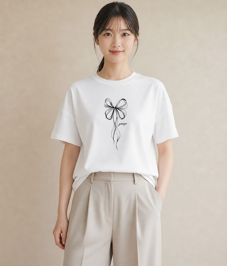 デザインTシャツ レディース リボン 蝶結び ナチュラル アンティーク イラスト ラフカジュアル 旅行用 海 白T