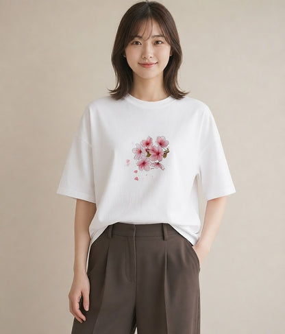 グラフィックTシャツ レディース 梅 花 花柄 イラスト 休日コーデ 自分用 ルームウェア 白T