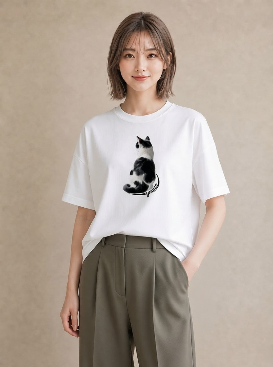 プリントTシャツ レディース メインクーン 猫 ねこ イラスト ラフカジュアル 自分用 ルームウェア 白T