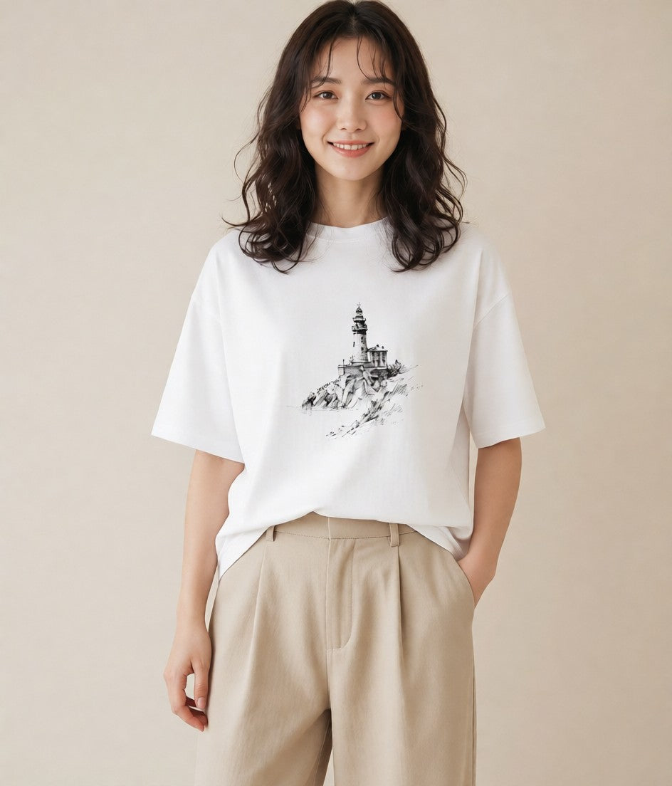 Tシャツ レディース 灯台 霧 海 ナチュラル アンティーク イラスト シック 姉妹 送別ギフト 白T