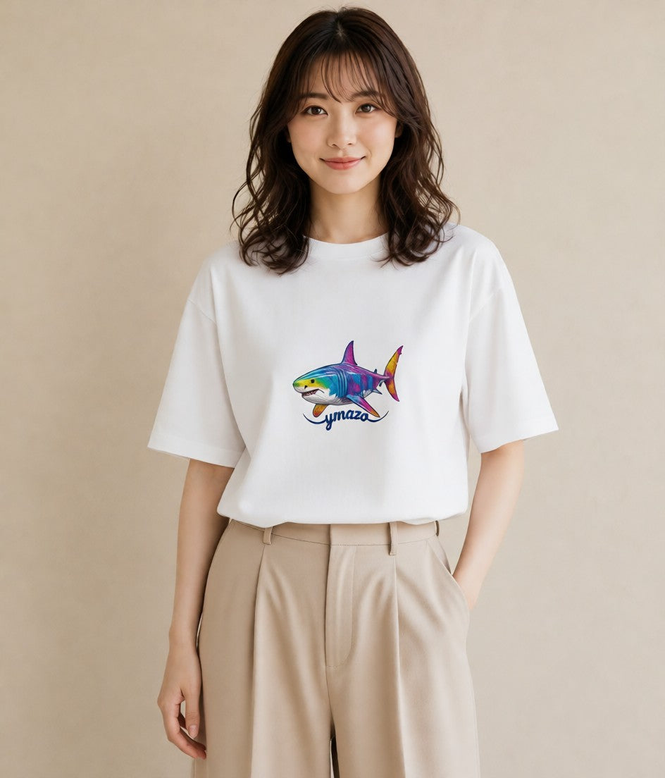 グラフィックTシャツ レディース サメ 海の生き物 海 イラスト ニュアンス 在宅 公園 白T