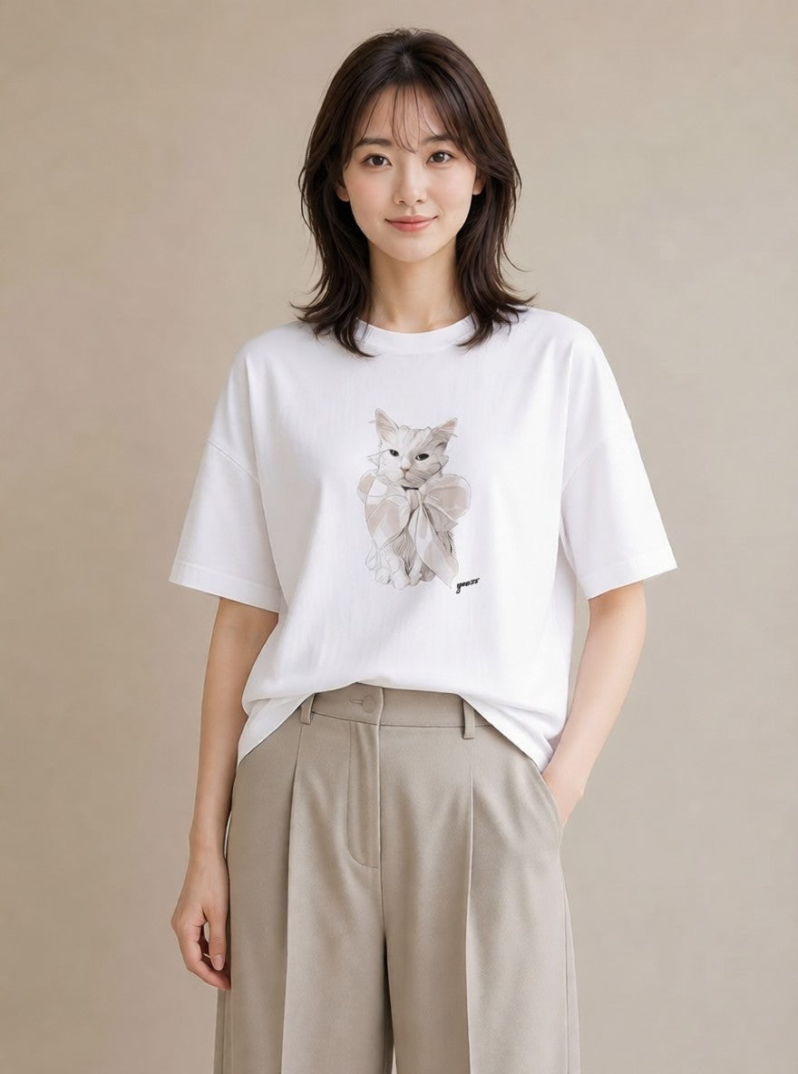 グラフィックTシャツ レディース 白猫 猫 ねこ イラスト ゆるコーデ 送別ギフト 通勤 白T