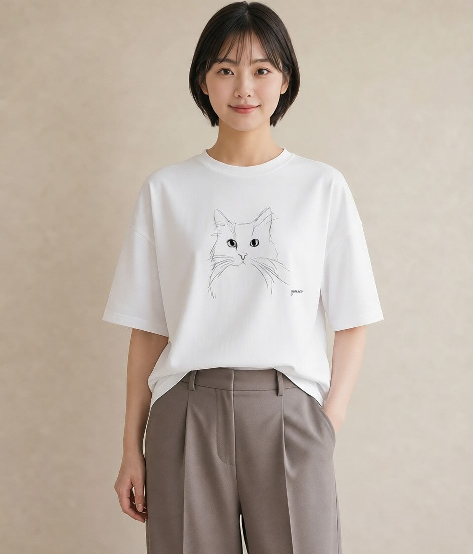 半袖Tシャツ レディース 猫 ねこ ネコ イラスト ナチュラル 春コーデ 姉妹 白T
