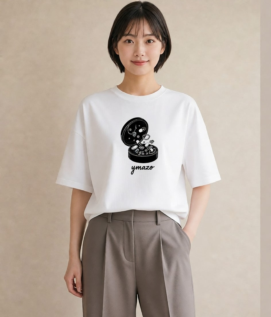 プリントTシャツ レディース パールピアス アクセサリー ナチュラル アンティーク イラスト ゆるかわ ママ カフェ服 白T