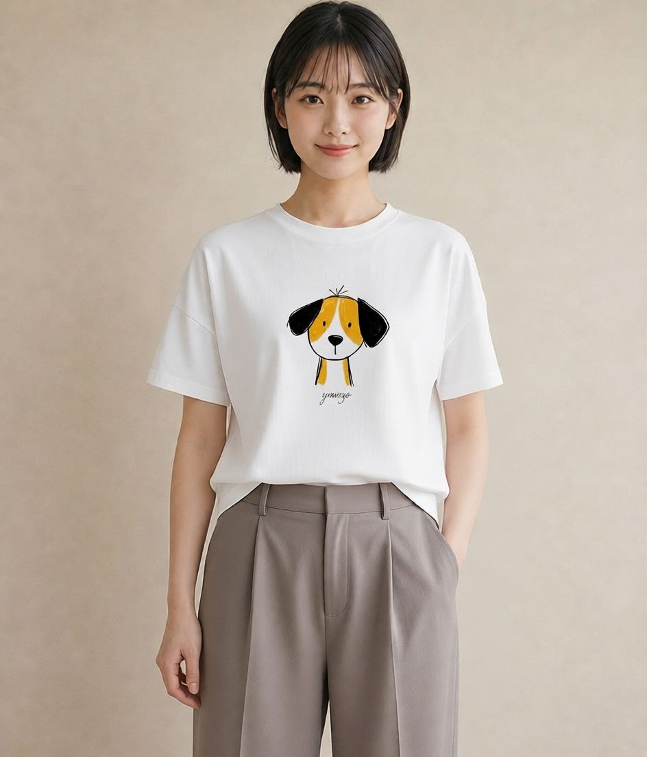半袖Tシャツ レディース わんこ 犬 いぬ イラスト カジュアル 通勤 在宅 白T