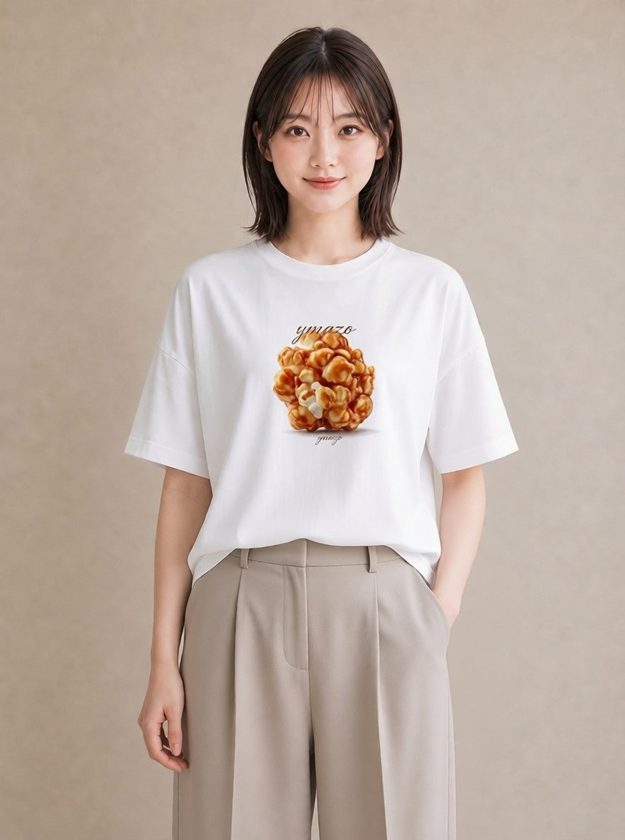 デザインTシャツ レディース ポップコーン 食べ物 フード イラスト きれいめカジュアル 在宅 公園 白T