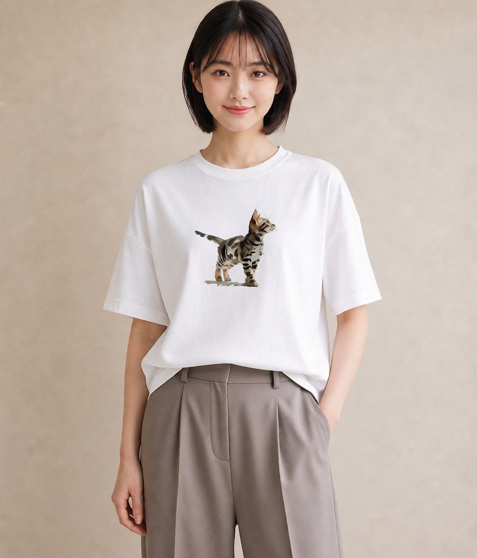 Tシャツ レディース 子猫 猫 ねこ イラスト ボタニカル 買い物 夏コーデ 白T
