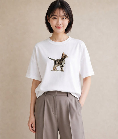 Tシャツ レディース 子猫 猫 ねこ イラスト ボタニカル 買い物 夏コーデ 白T