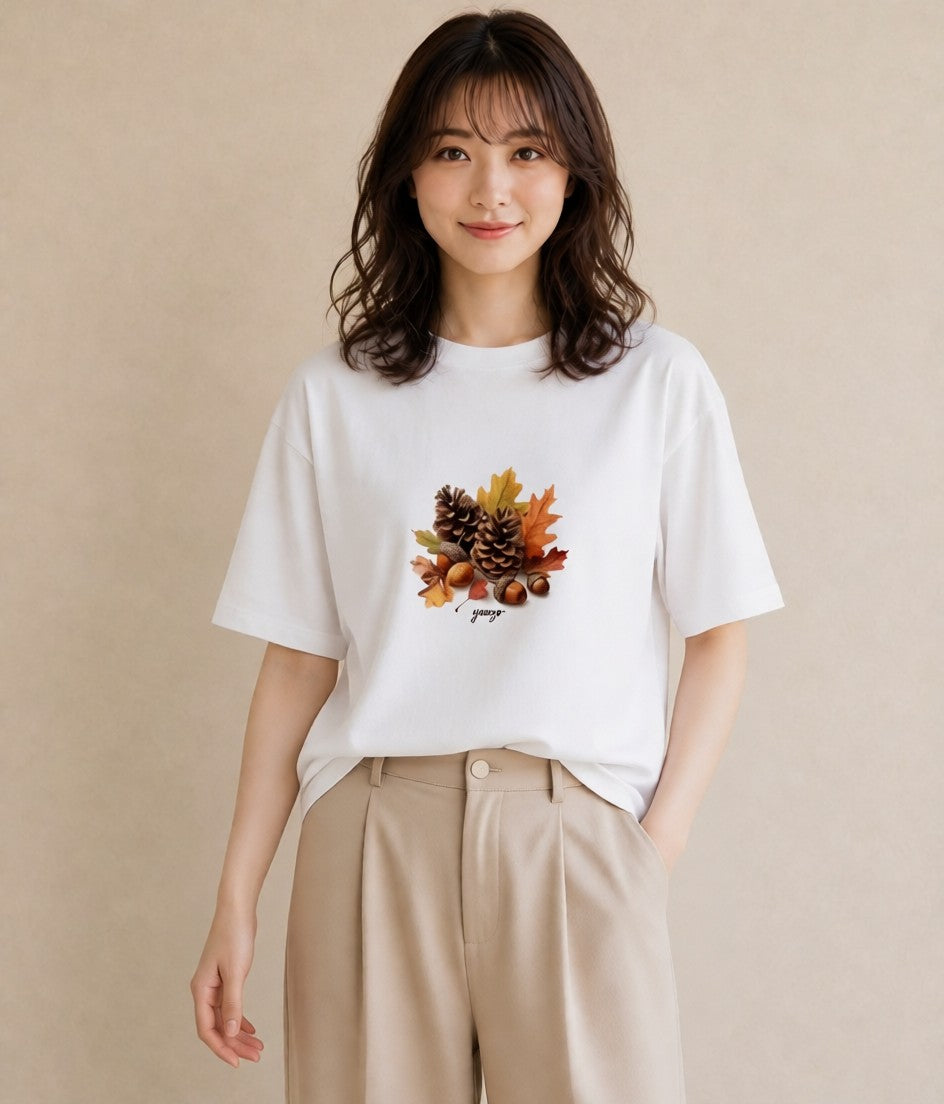 グラフィックTシャツ レディース 松ぼっくり 植物 ボタニカル イラスト ラフ 秋コーデ おしゃれギフト 白T