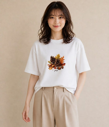 グラフィックTシャツ レディース 松ぼっくり 植物 ボタニカル イラスト ラフ 秋コーデ おしゃれギフト 白T