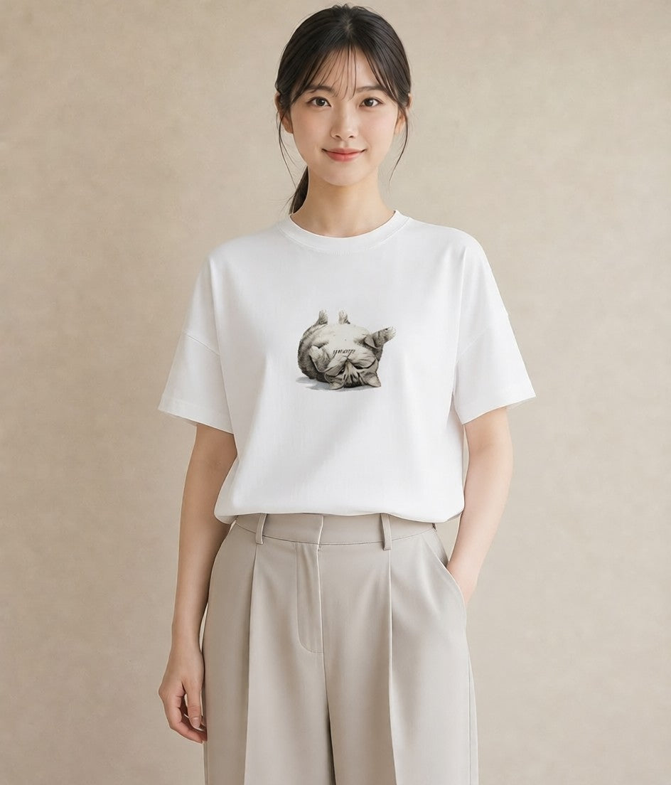 グラフィックTシャツ レディース しっぽ 猫 ねこ イラスト レトロ 送別ギフト 通勤 白T
