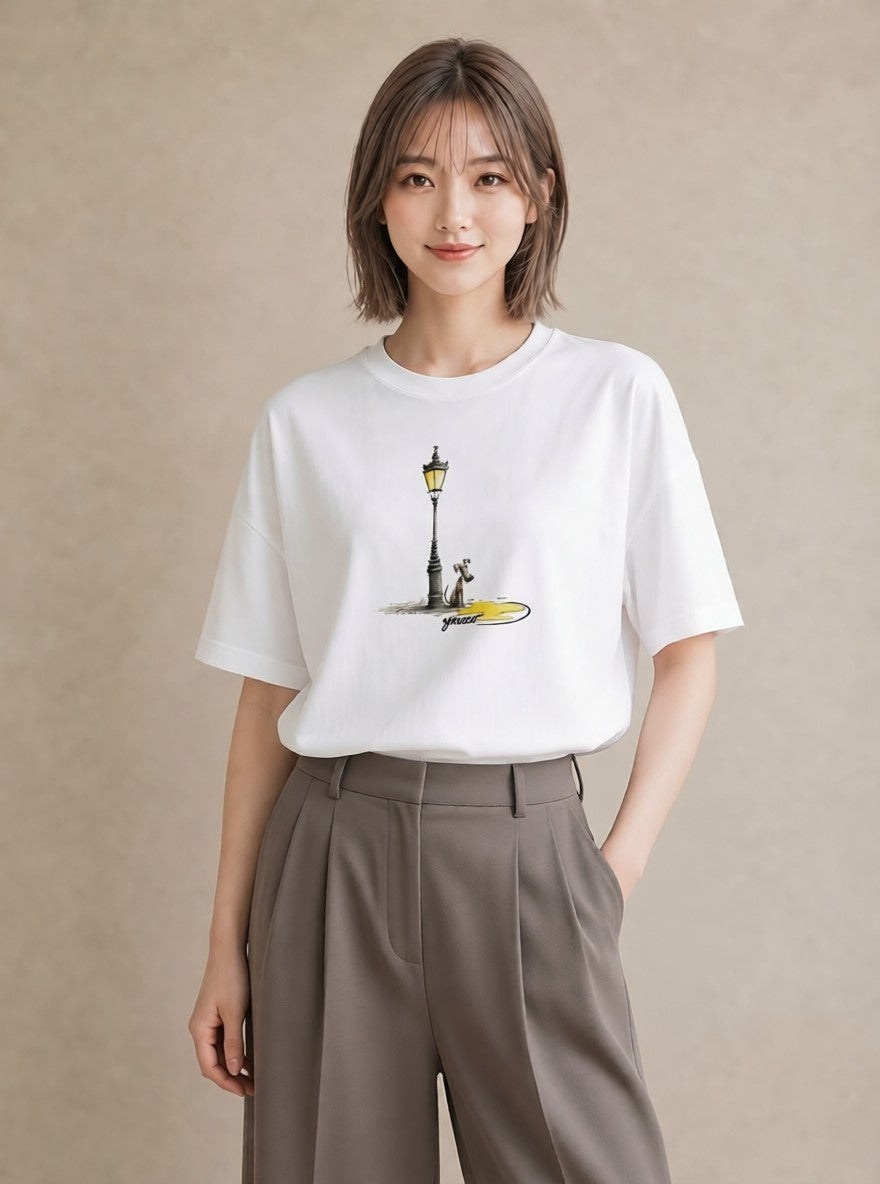 Tシャツ レディース 街灯 夜霧 夜 ナチュラル アンティーク イラスト レイヤード 友達ギフト 白T