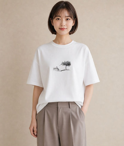 グラフィックTシャツ レディース 雨上がりのベンチ ベンチ ナチュラル アンティーク イラスト こなれ感 部屋着 女性向けギフト 白T