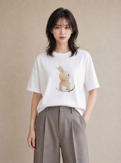 プリントTシャツ レディース うさちゃん ペット 動物 イラスト 韓国風 友達ギフト 部屋着 白T