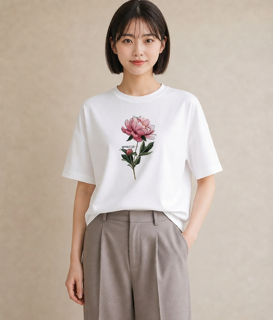 半袖Tシャツ レディース 牡丹 花 花柄 イラスト 普段使い 女性 旅行用 白T