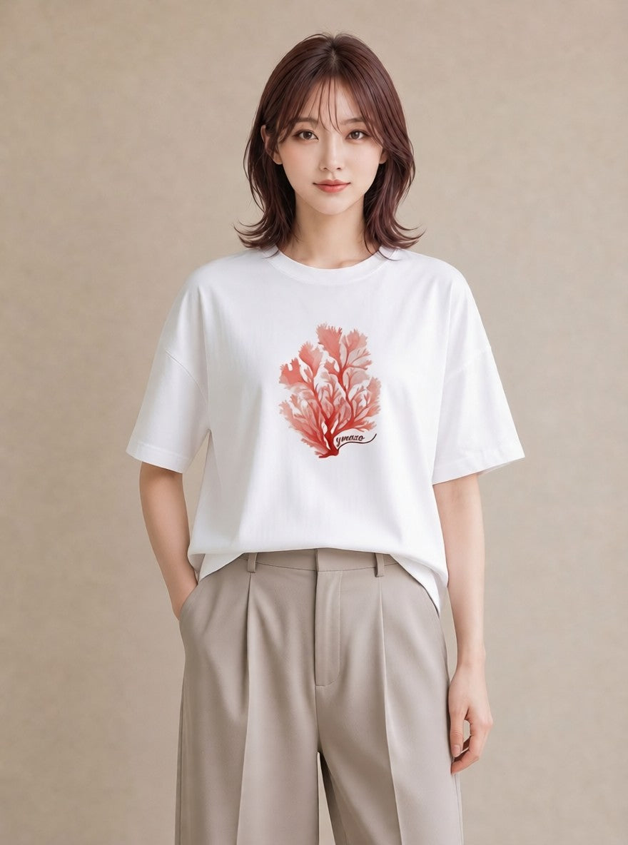 プリントTシャツ レディース サンゴ 海の生き物 海 イラスト シンプル ペアコーデ 秋コーデ 白T