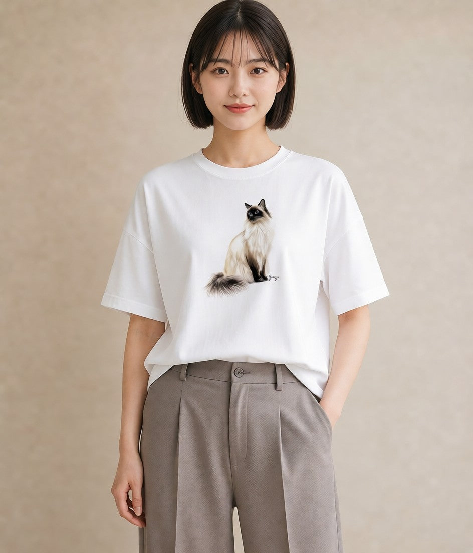デザインTシャツ レディース ぶち猫 猫 ねこ イラスト ニュアンス カフェ服 クリスマス 白T