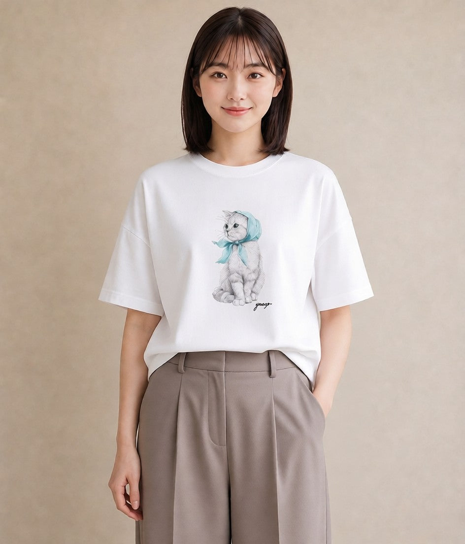グラフィックTシャツ レディース ロシアンブルー 猫 ねこ イラスト お洒落 女性向けギフト 散歩 白T