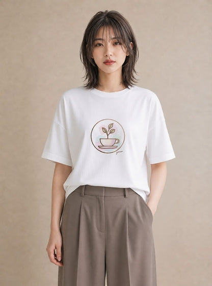 グラフィックTシャツ レディース コーヒー カフェ 珈琲 イラスト 淡色 通勤 在宅 白T