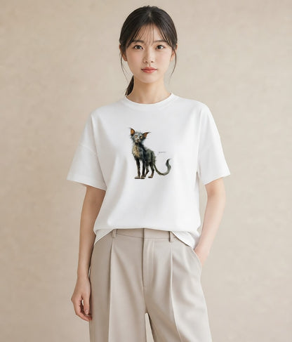 Tシャツ レディース 猫 ねこ イラスト 買い物 夏コーデ 白T