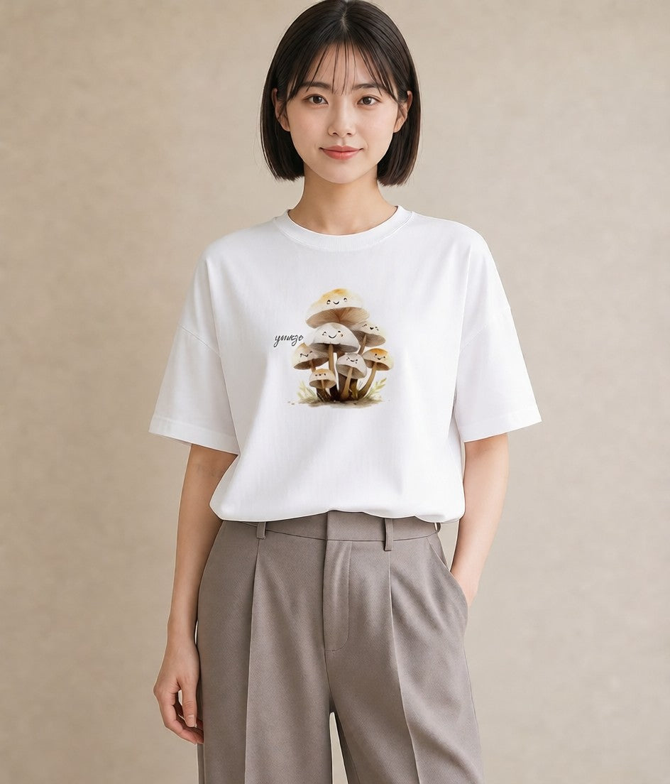 プリントTシャツ レディース きのこ 植物 ボタニカル イラスト シンプル レイヤード 友達ギフト 白T