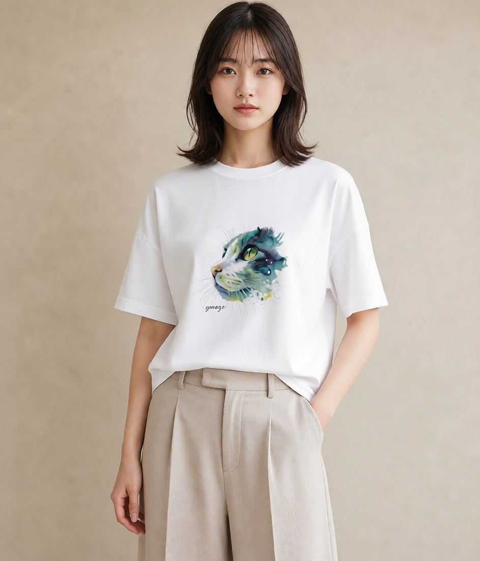 デザインTシャツ レディース サビ猫 猫 ねこ イラスト モード 誕生日プレゼント 綿100 白T