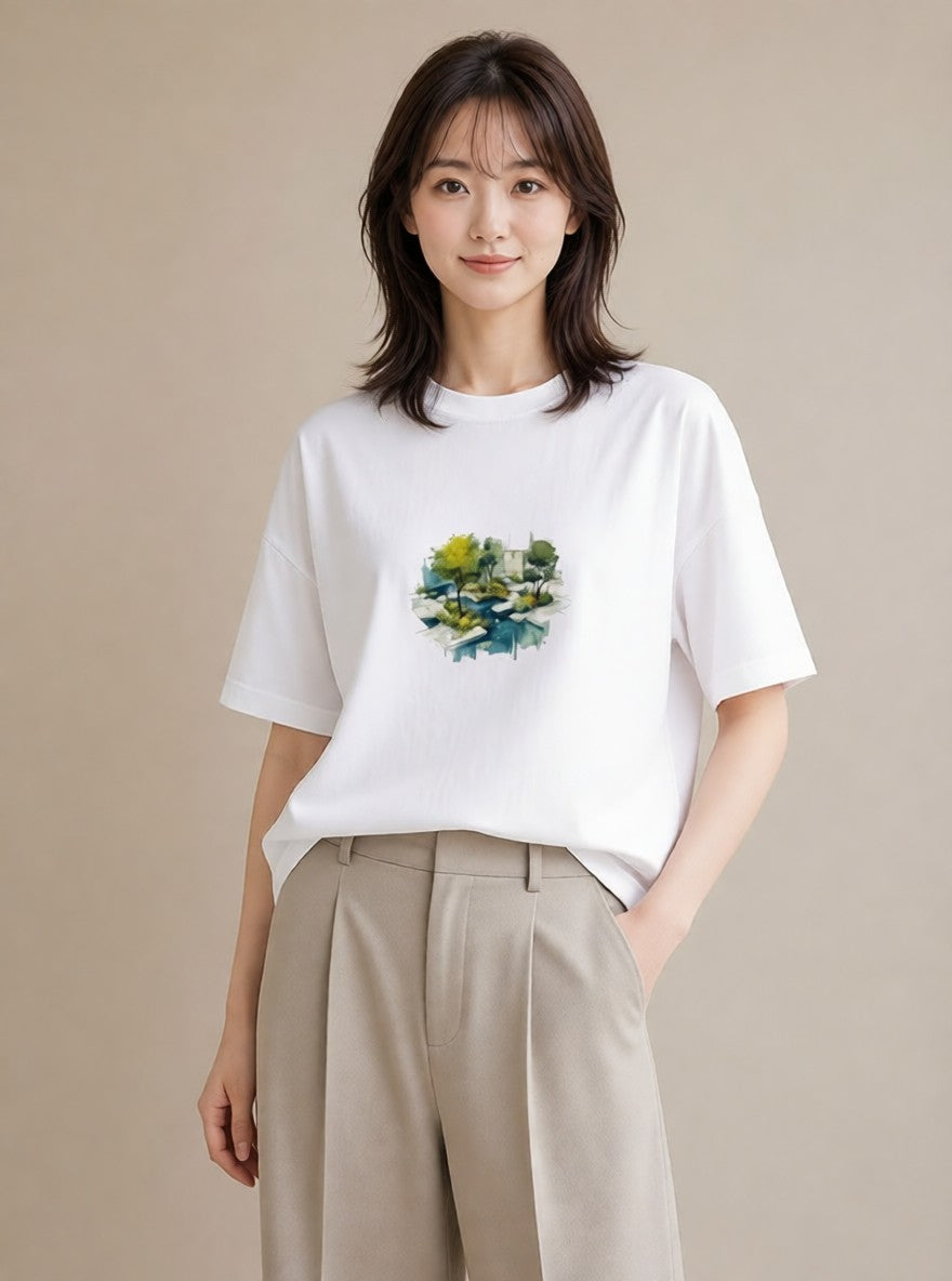 プリントTシャツ レディース 雨上がりのベンチ ベンチ ナチュラル アンティーク イラスト 可愛い 散歩 お出かけ 白T