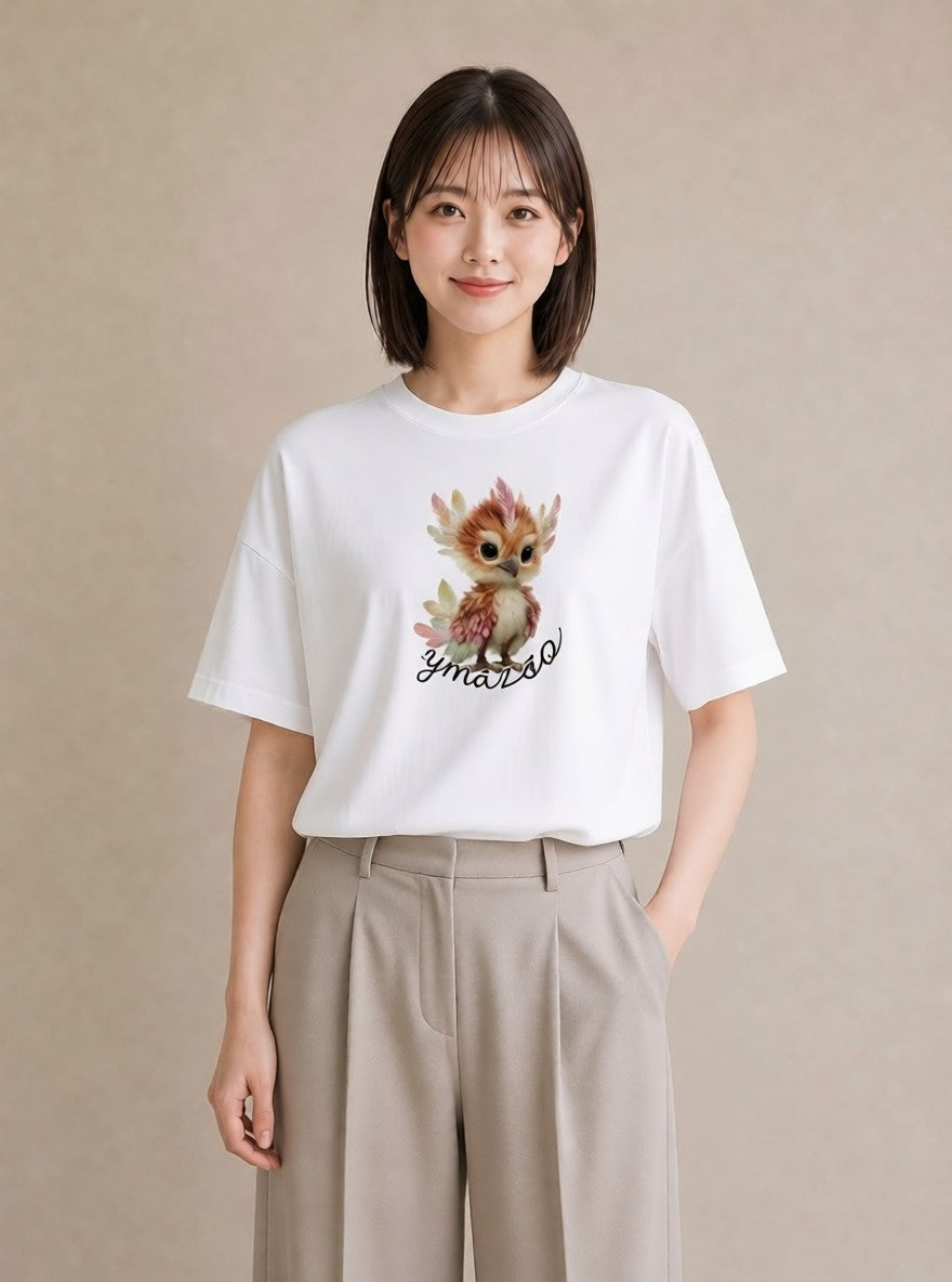 グラフィックTシャツ レディース フクロウ 動物 アニマル イラスト 可愛い 散歩 お出かけ 白T