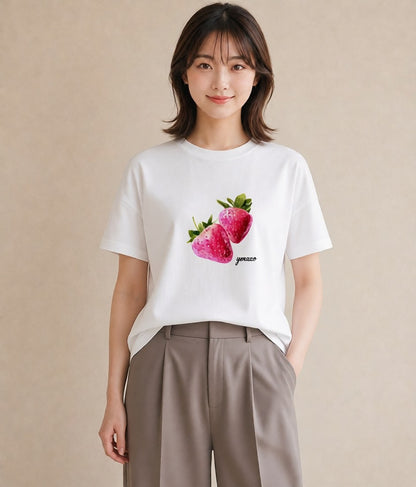 半袖Tシャツ レディース ショートケーキ 食べ物 フード イラスト 手描き風 お出かけ 普段着 白T