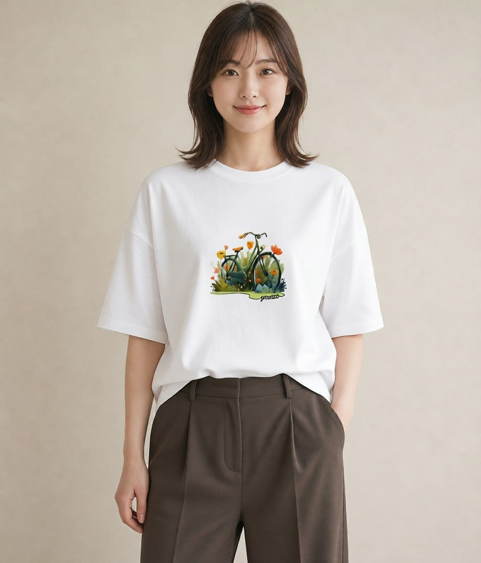 Tシャツ レディース 自転車のかご 自転車 花かご ナチュラル アンティーク イラスト ガーリー 部屋着 女性向けギフト 白T