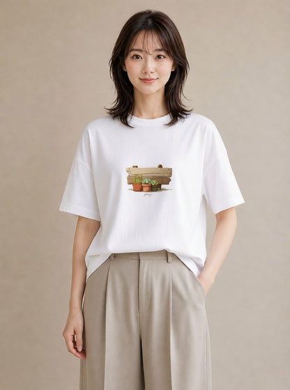 プリントTシャツ レディース 夕暮れ バルコニー 夕焼け ナチュラル アンティーク イラスト 可愛い 夏コーデ 通学 白T